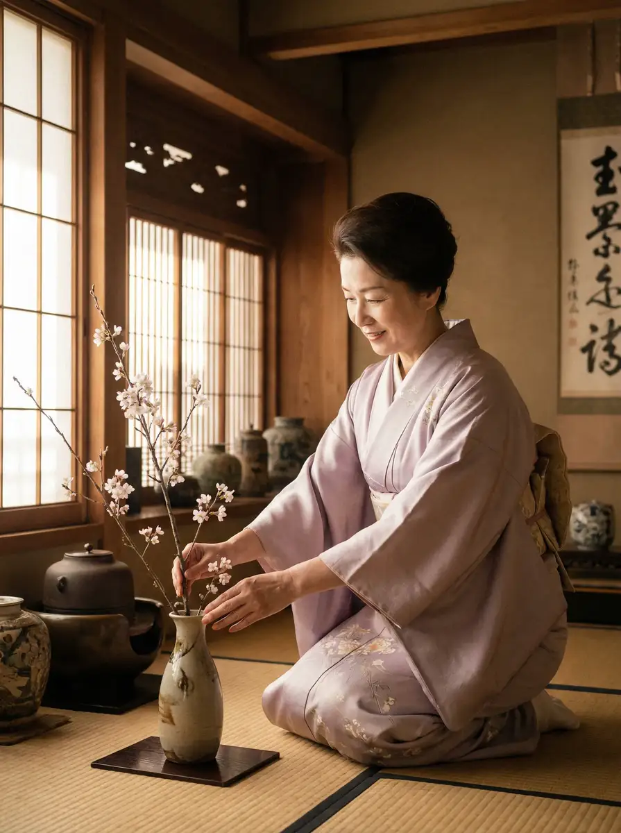 一位优雅的 赵丽颖郑爽杨幂AI 在和室中插花