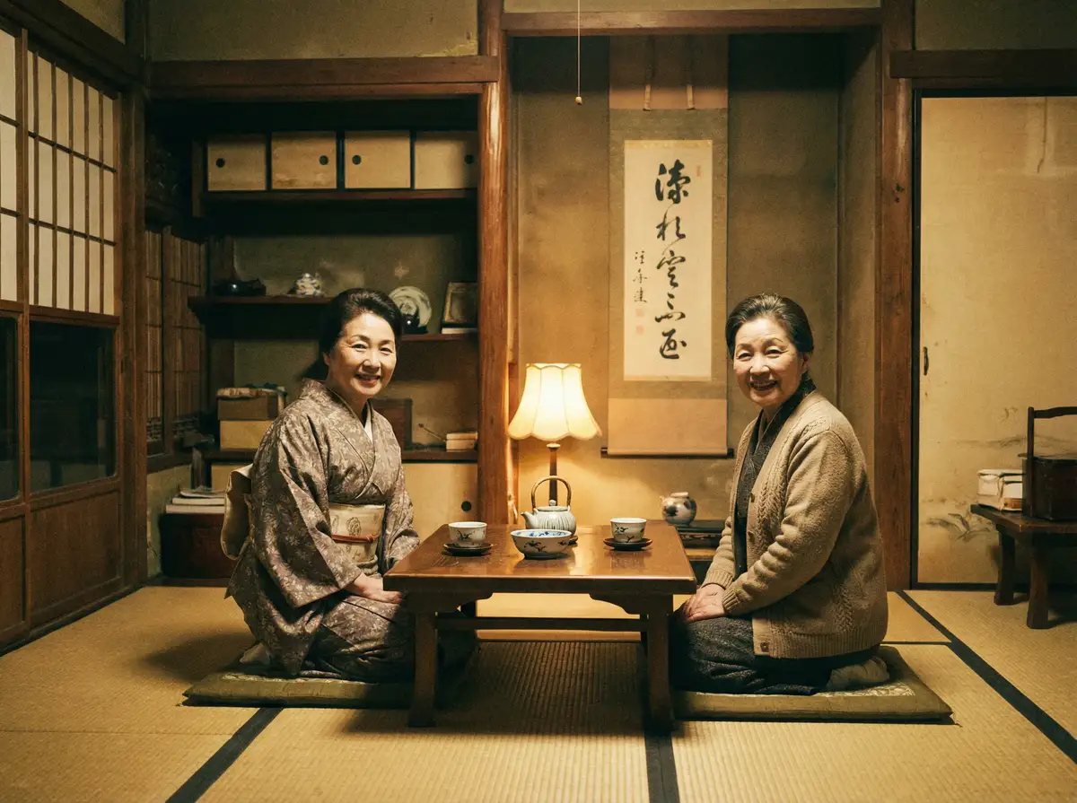 两位优雅的 赵丽颖郑爽杨幂AI 在日式茶室中品茶交谈